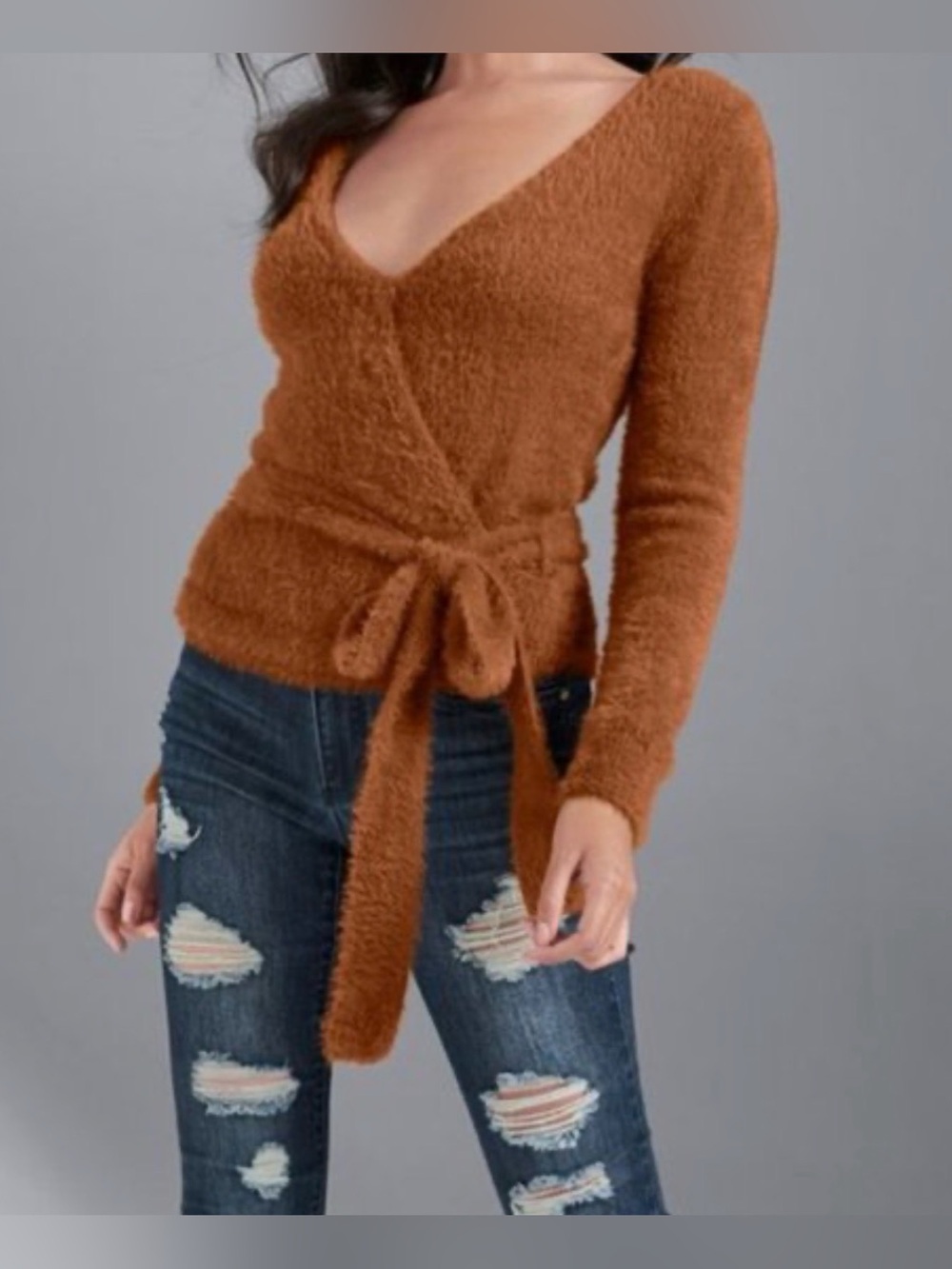 VENUS Orange Fuzzy Wrap Sweater Tie Front Sexy Low Plunge Women's Size L